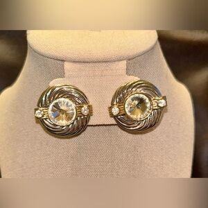 Vtg. 80s Earrings Clip On, Gold & Silver  Rhinestone Center And Accents
